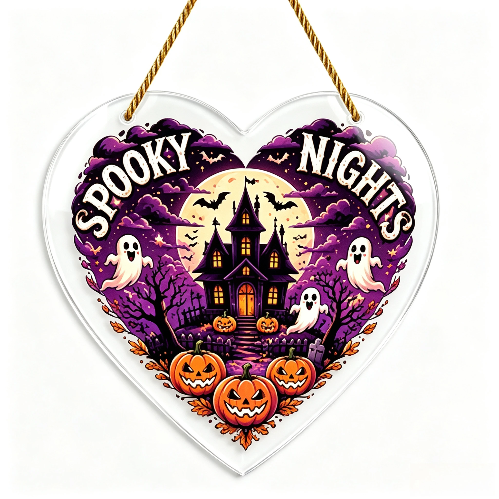 Purple Spooky Castle Heart Acrylic Hanger, Ghost Bat Jack‑o‑Lantern Moon Fall Holiday Wall Ornament