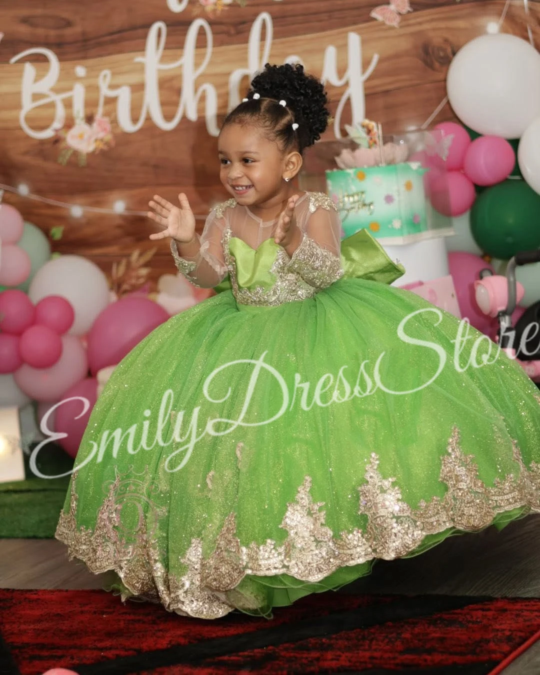 

Customized Applique Flower Girl Dress For Wedding Green Tulle Puffy Shining Kids Birthday Party First Communion Ball Gown