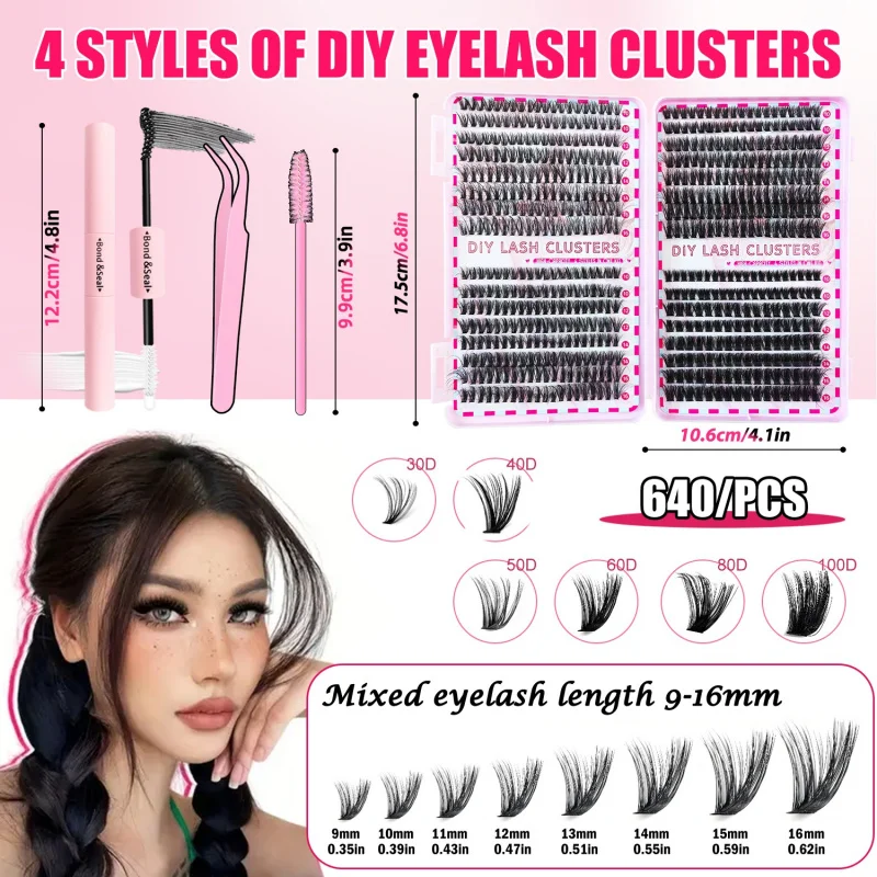 640個入りプロ用DIYまつげエクステキット（グルー、ピンセット、ブラシ付き）- 極厚ふわふわナチュラルボリューム、9-16mmの長さ