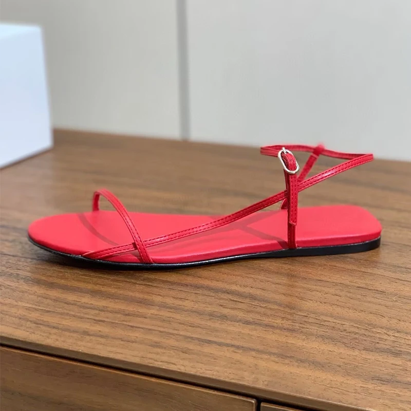 Flat Bottom Sandals Summer Genuine Leather Women Narrow Band Roman Open Toe Ankle Strap Sandalias Mujer Outdoor Vacation Shoes