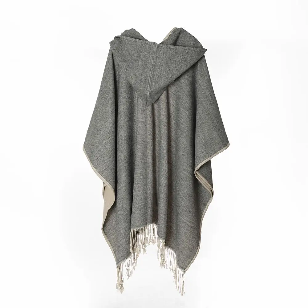 Double Sides Pure Color Thick Faux Cashmere Cape Hooded Long Poncho Outerwear Unisex Autumn Winter Wraps Cloak
