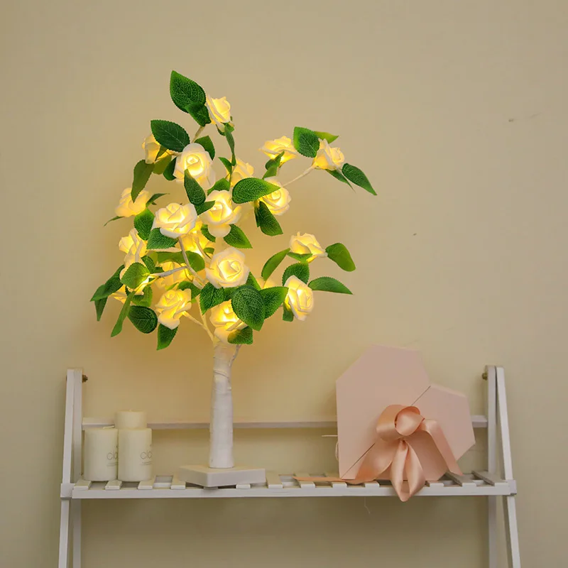 Lámpara LED de mesa para decoración del hogar, luz de árbol de flores rosas, decoración USB para fiesta de Navidad, regalo para habitación de niños