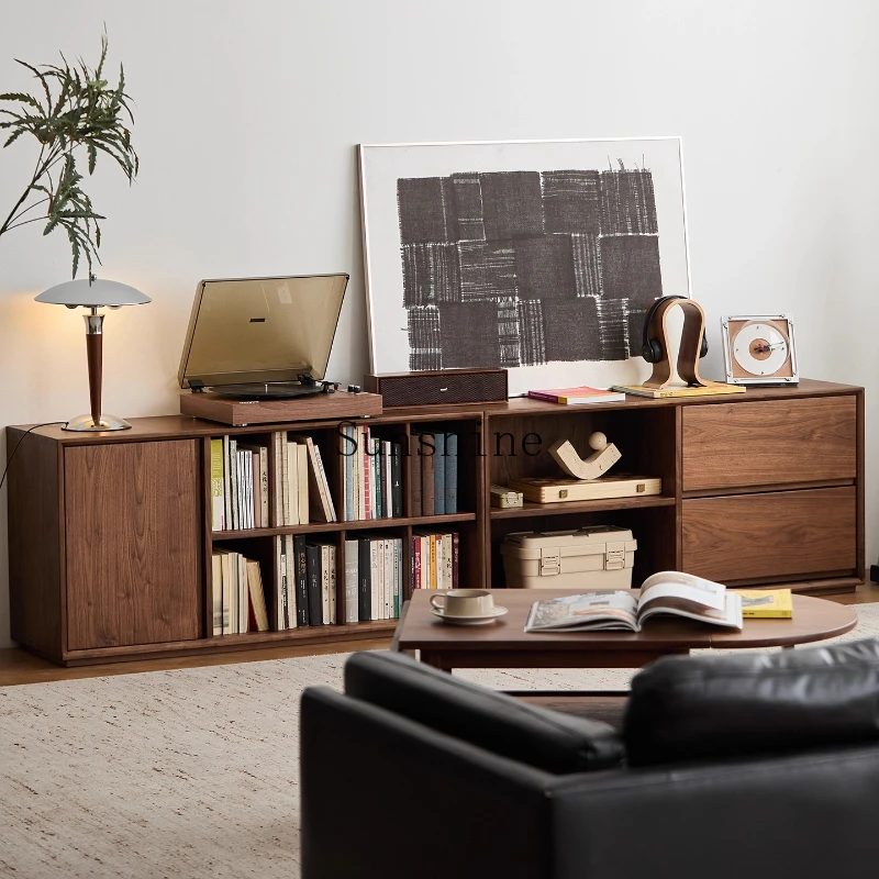 Solid wood TV cabinet bookshelf living room combination household storage display customization