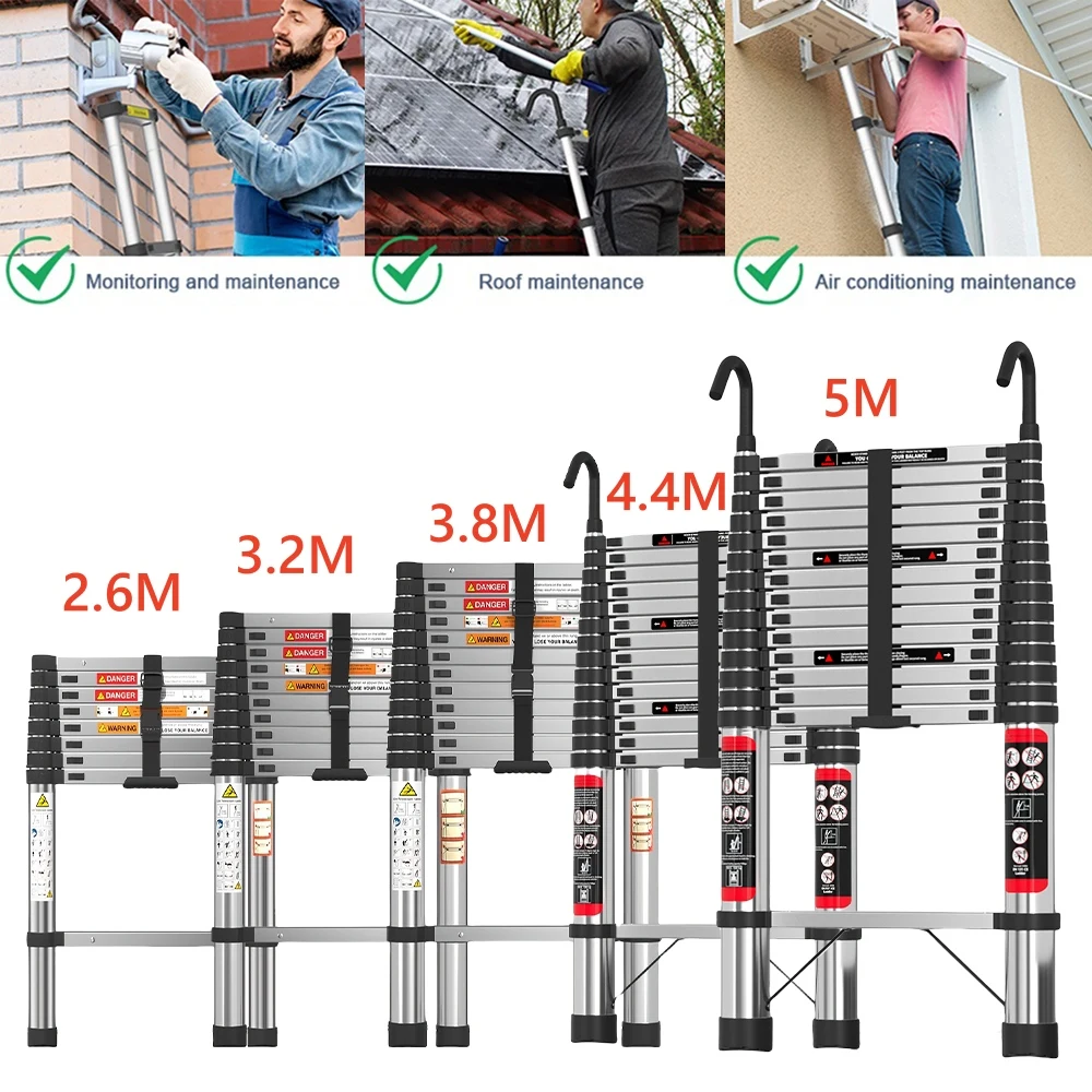 Escalera telescópica de aluminio de varios tamaños con pies antideslizantes, escalera liviana ajustable para el hogar o la caravana, capacidad de carga de 330 lb