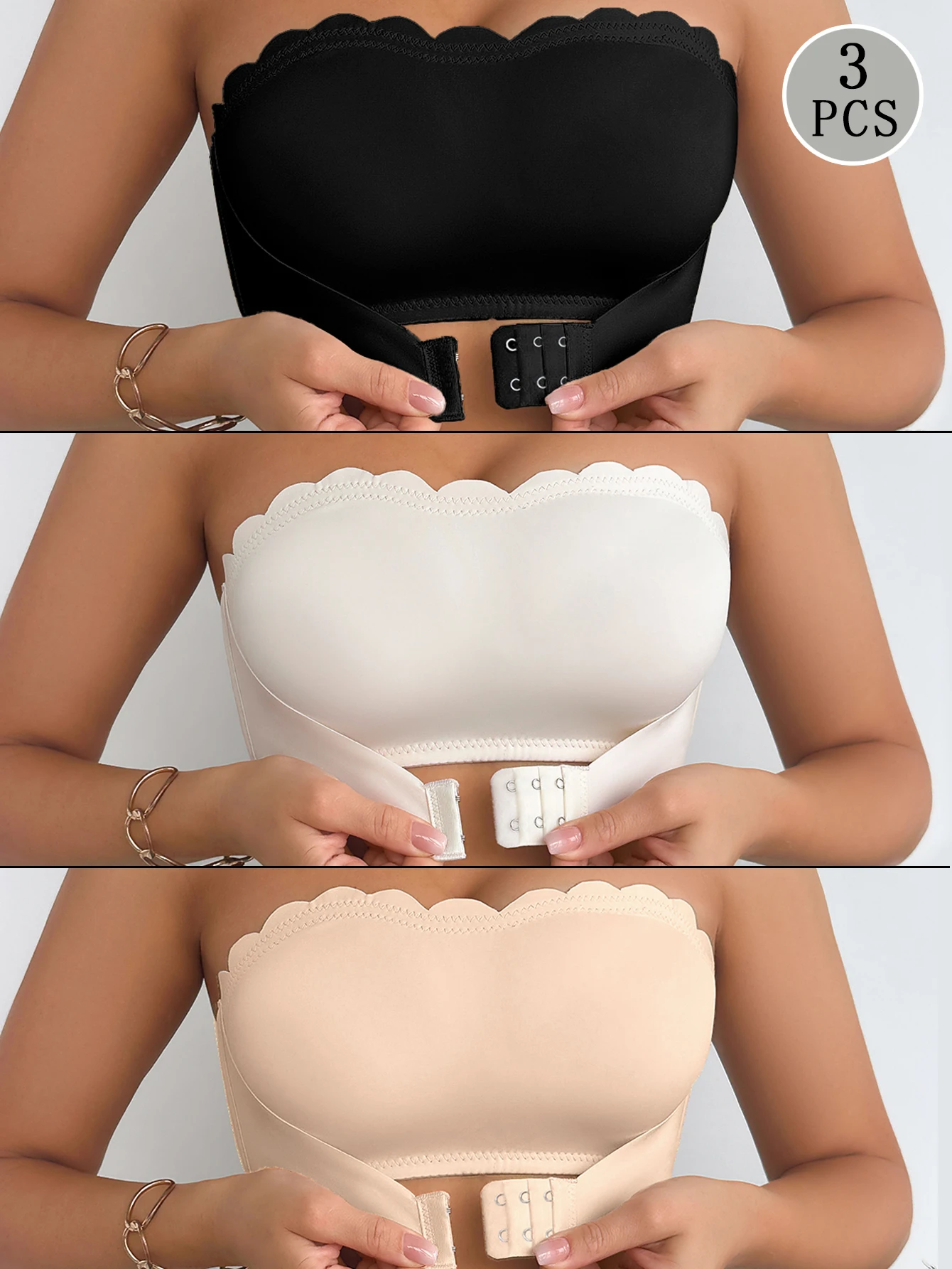 3-Pack Bra Bandeau Wanita Tanpa Tali Tanpa Bantalan Tanpa Jahitan dengan Penutup Depan Push-Up Tak Terlihat Minimizer