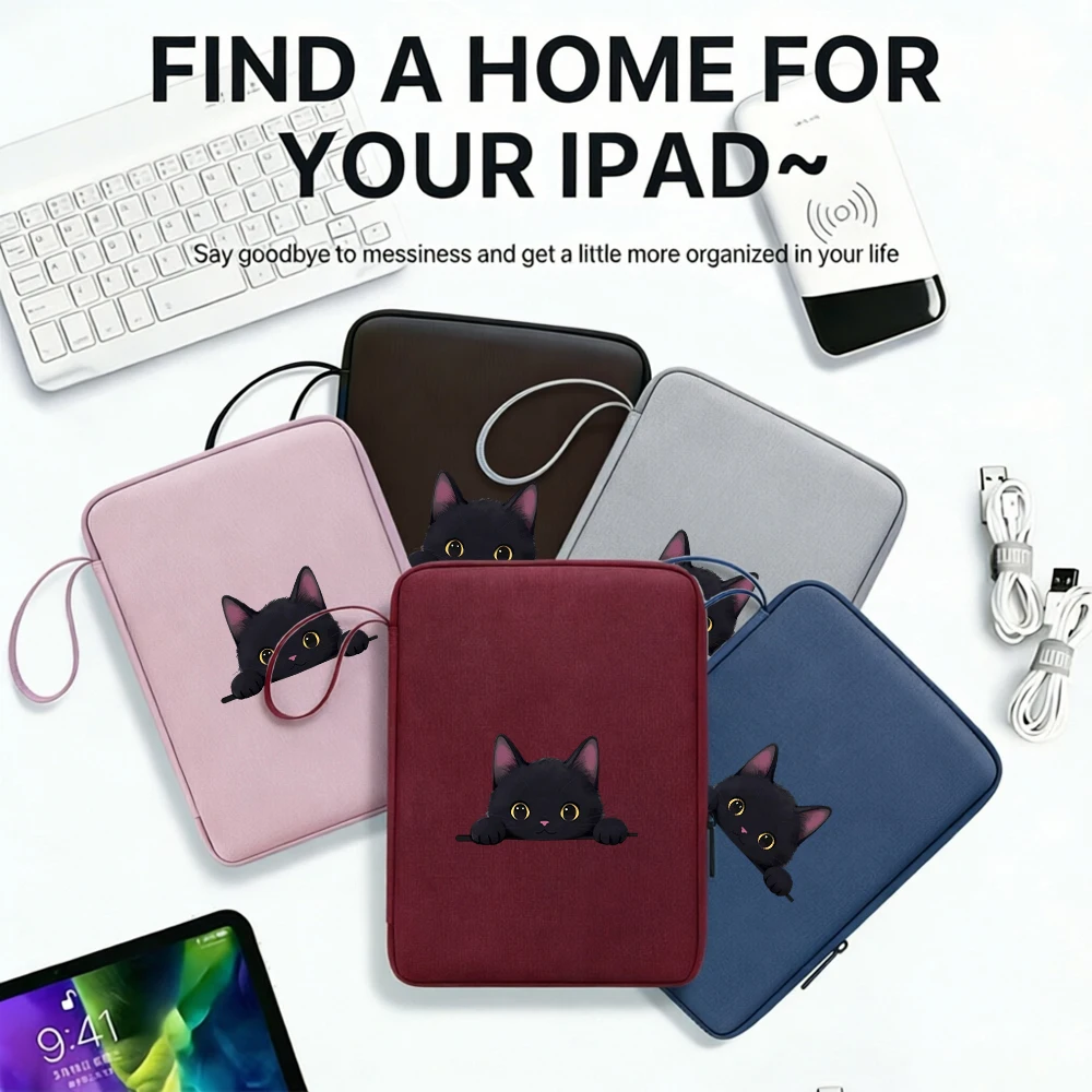 1pc Peeking Black Cat Tablet Sleeve, Water Resistant Shockproof Tablet Bag with Pen Slot & Double Pockets, Girly Handheld Pouch