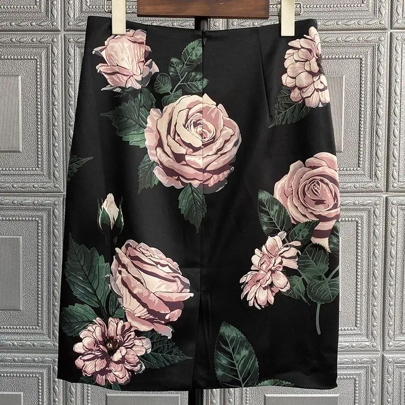 2024 New Summer Commuting Korean Edition Minimalist Fashion Versatile Bag Hip Skirt Printed Zipper Women's High Waist Skirt