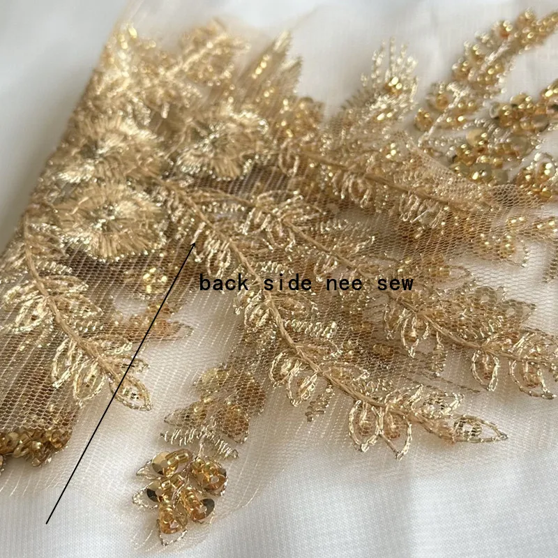 1Pcs Gold Flower Beaded Embroidery Patch Mesh Fabric African Lace Applique Sew Wedding Dress Clothes Decoration Diy