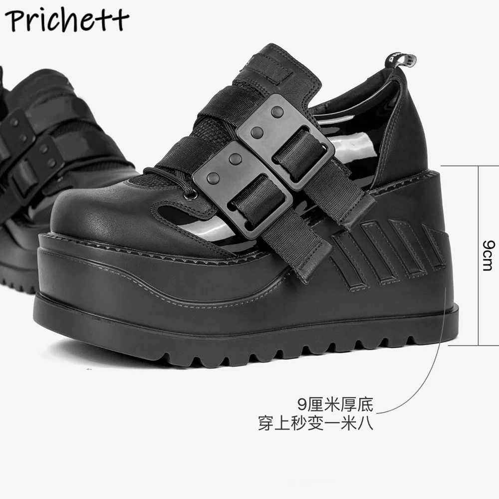 Buckle Belt Leather Pumps Wedges Shallow Black Round Toe Fashion Dark Punk Leisure Shoes Women's Punk Mary Jane Cool Shoes 2025