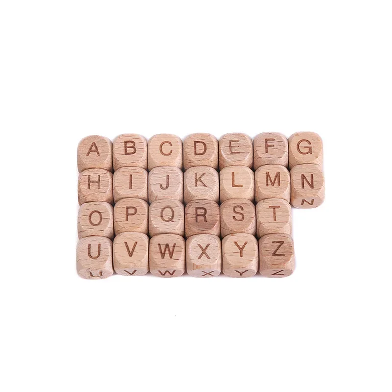 Bebê letras de madeira contas, 12mm, 10pcs, Inglês, nome personalizado, chupeta, clipes, alfabeto, acessórios, alimentação infantil