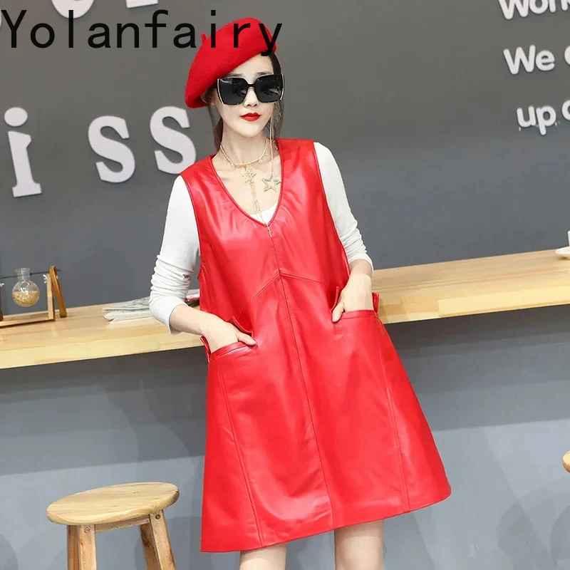 

Genuine Leather Dress for Women 2024 Sheepskin Leather Dresses Sleeveless Black Dress Women High Waist V-neck Dress Korean Style