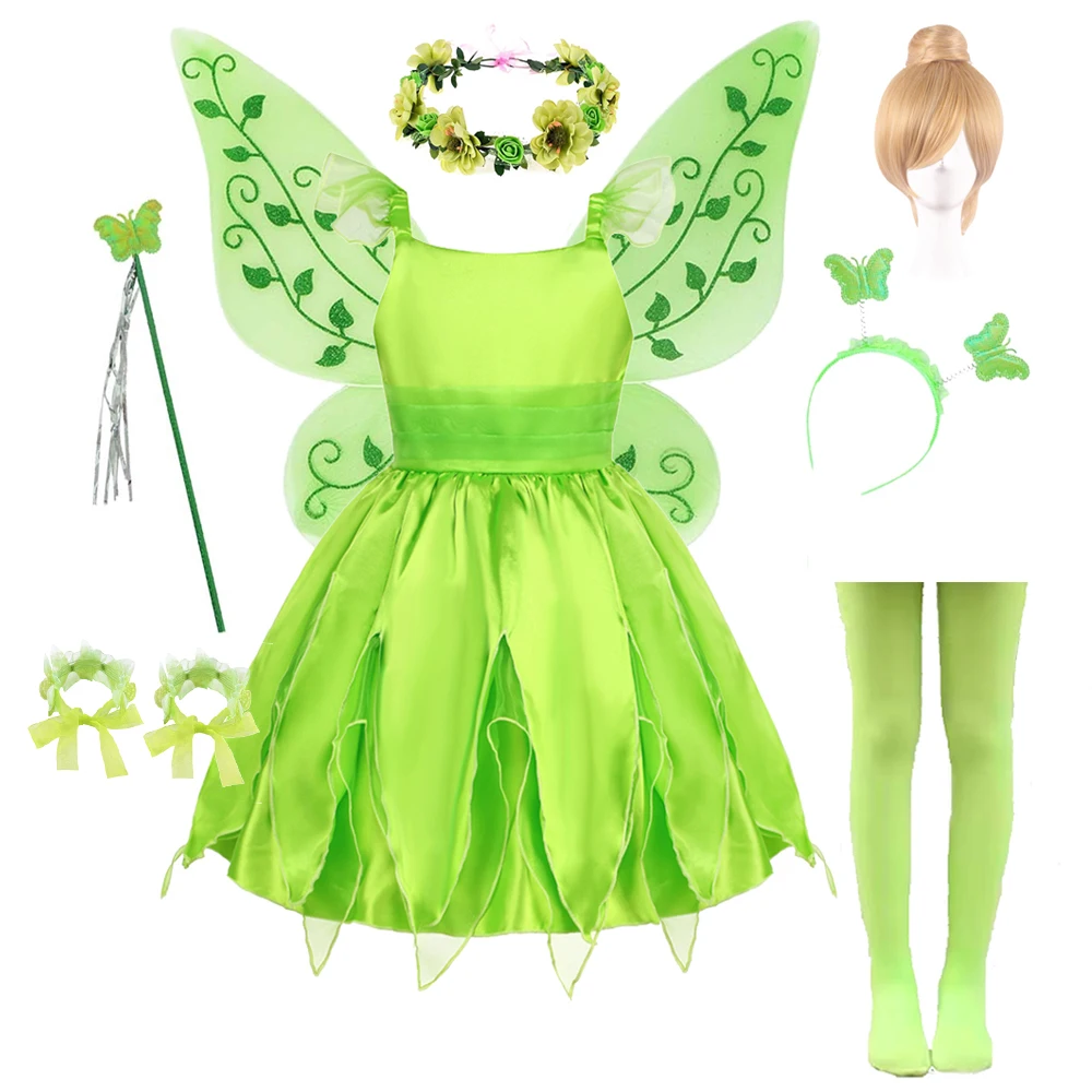 Baby Girl Tinker Bell Dress Green Forest Fairy Costume Kids Elf Cosplay Clothes Child Kindergarten Carnival Role Playing Sets