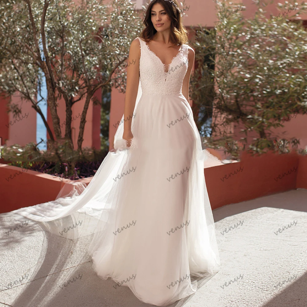 

Classic Wedding Dresses A-Line Satin Bridal Gowns Tulle Tiered V-Neck Backless Sleeveless Robes Simple Vestidos De Novia 2024