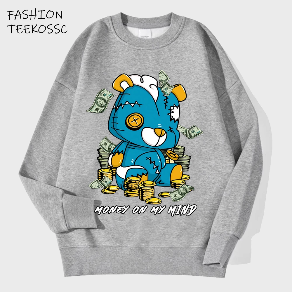 Money On My Mind Cartoon Bär Design Bedrucktes Herren-Fleece-Sweatshirt All-Match-O-Ausschnitt-Kleidung Lässige Unisex-lose Sportbekleidung