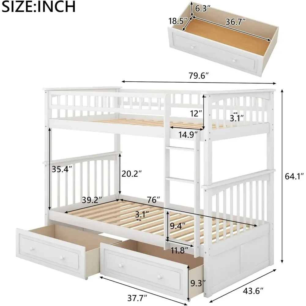 Litera doble convertible de madera con cajones de almacenamiento y escalera que se puede dividir en dos camas, marco de cama, litera doble