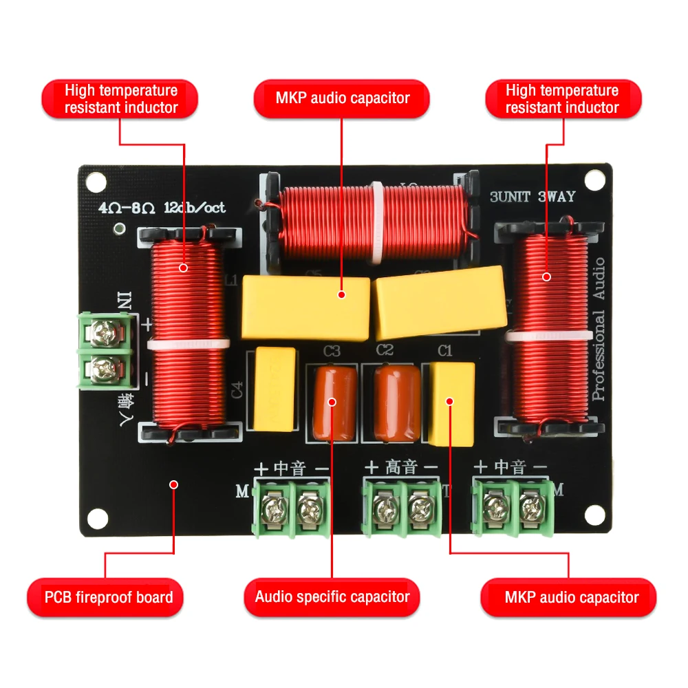 

HIFI 3-Way Speaker Crossover 1 High 2 Mid 5300Hz/5500Hz 200W High Temp Inductor Audio Capacitor for Home Theater Speaker Upgrade