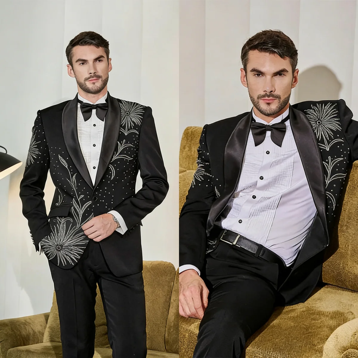 

Luxury Beading Groom Wedding Tuxedos One Button Shawl Lapel Pant Blazers Loose Fit Dinner Party 2 Pieces Customized