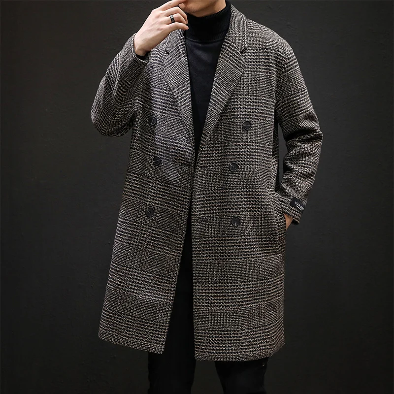 

2023 new spring Casual Double Breasted Mens Wool Overcoat Winter Houndstooth Jacket Men Turn-down Collar Long Woollen Wind Coat