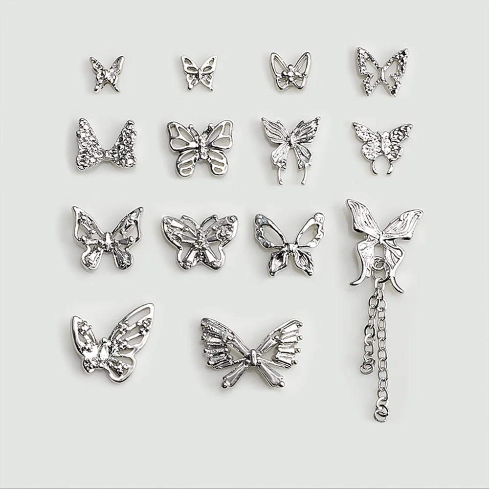 10Pcs Dim Silver Butterflies Nail Charms 3D Alloy Mini Hollow Butterfly Chain Nail Art Decoration Cute DIY Manicure Accessories