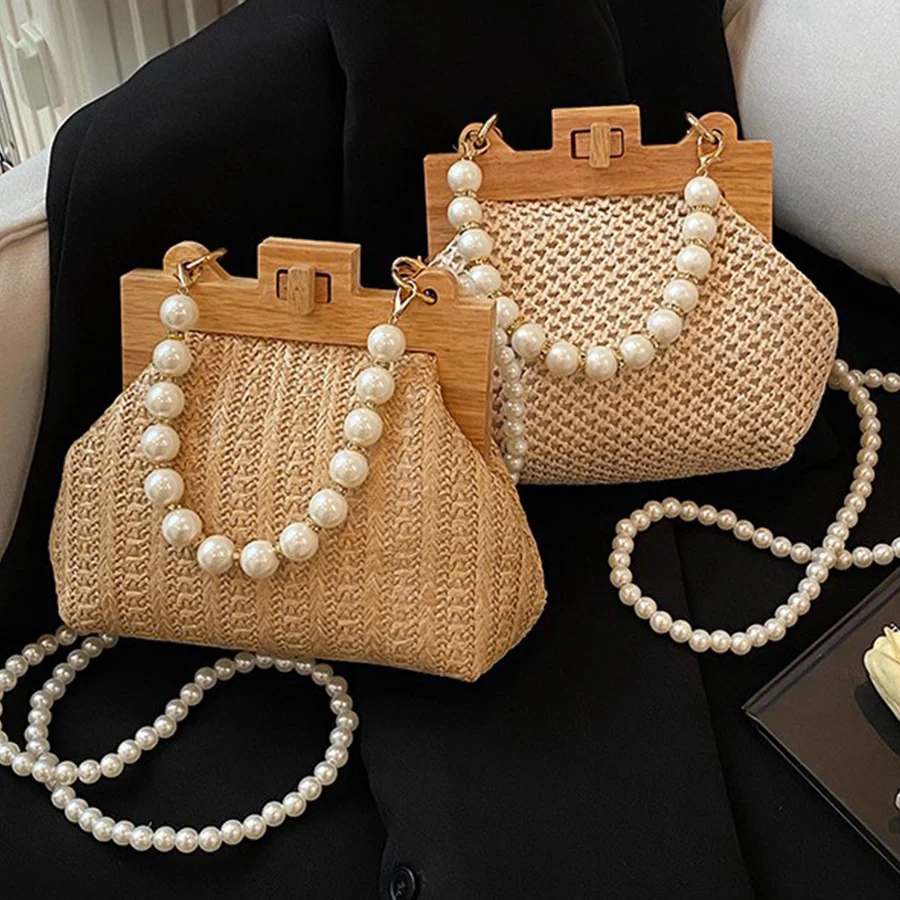 

Retro Wooden Clip Shell Bags for Women Straw Messenger Bag Bead Shoulder Crossbody Bags Ladies Clutch Purse Handbags Bolsa Mujer