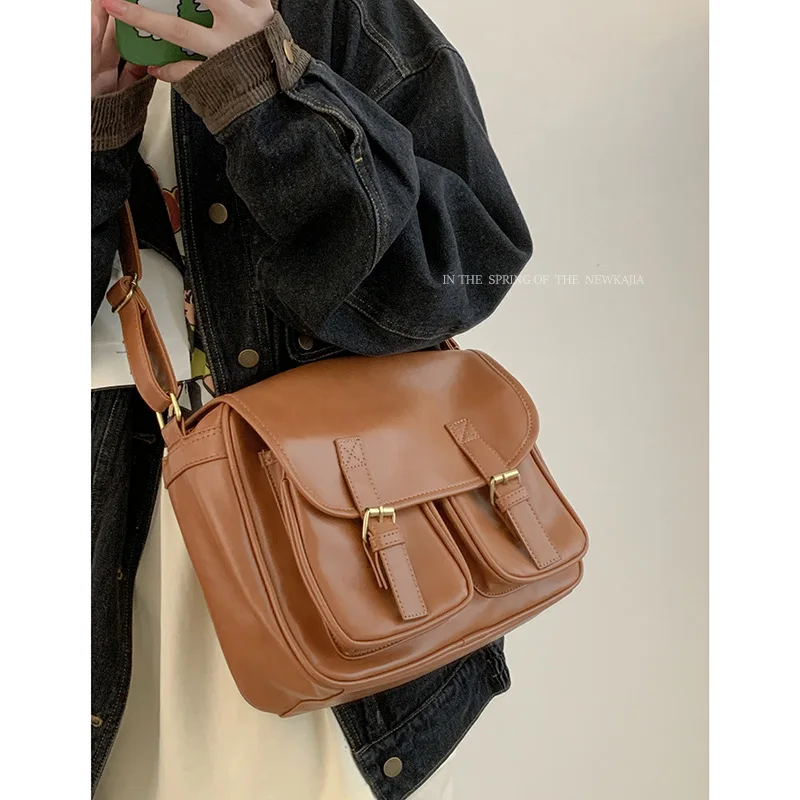 New Trend Street Shoulder Bag Youth Japanese Korean Vintage Leather Small Square Bag Casual Cross Straddle Bag Riding Shoulder