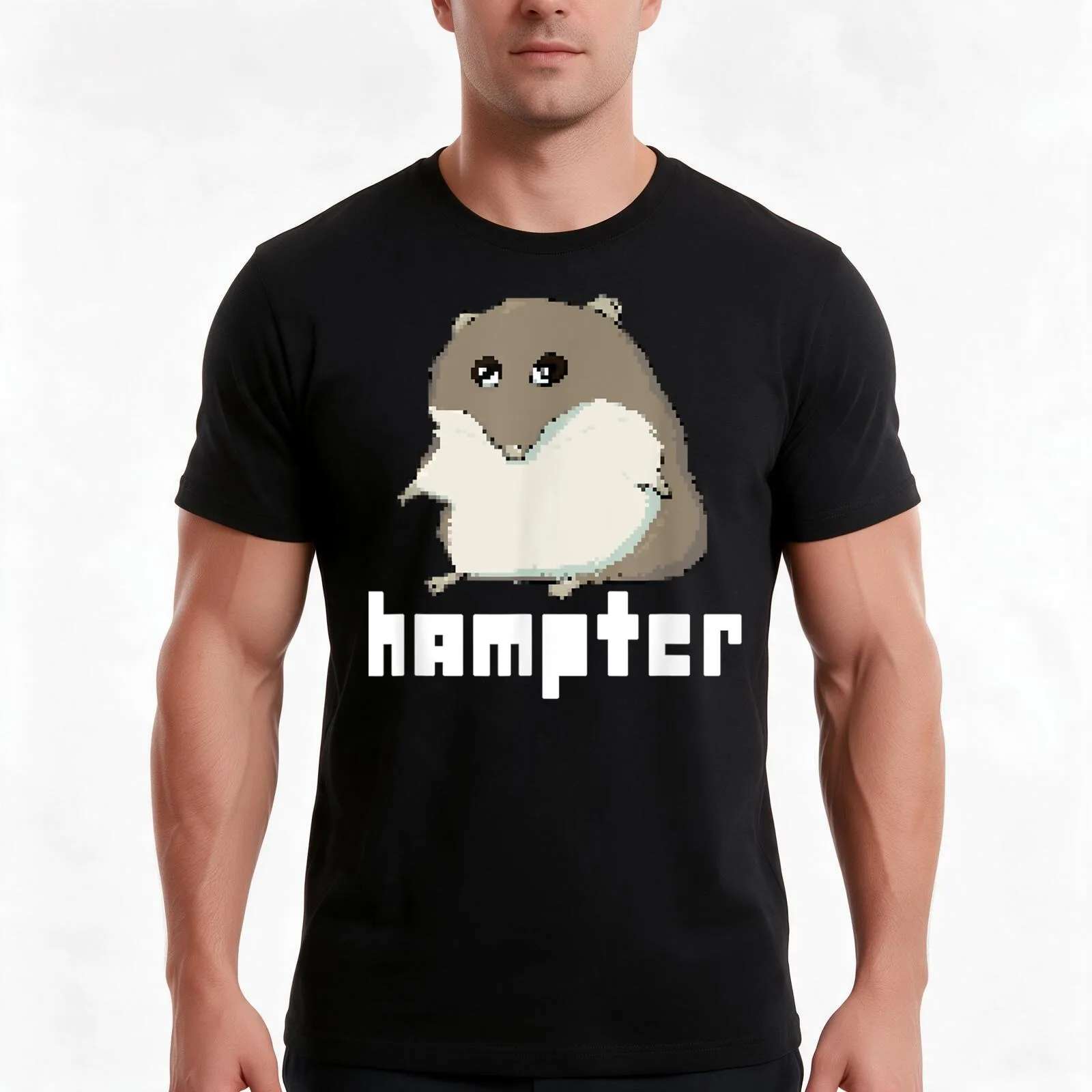 HAMPTER Meme Pixel Art T-Shirt, Summer Casual Cotton Tee, Oversized Streetwear Tops, Vintage Graphic Print, Unisex Men Women