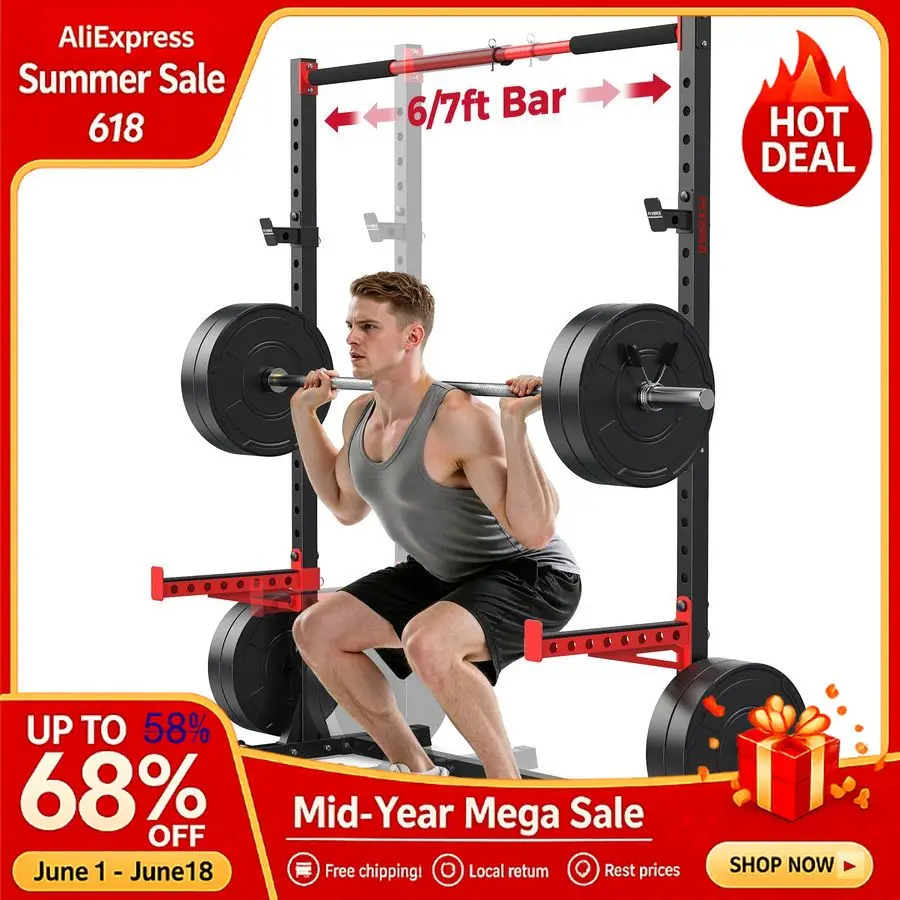 Squat Rack with PullUp Bar, Adjustable MultiFunctional Power Rack, Inner Width Squat Rack Stand Suitable 6FT,7FT Barbell, Custom