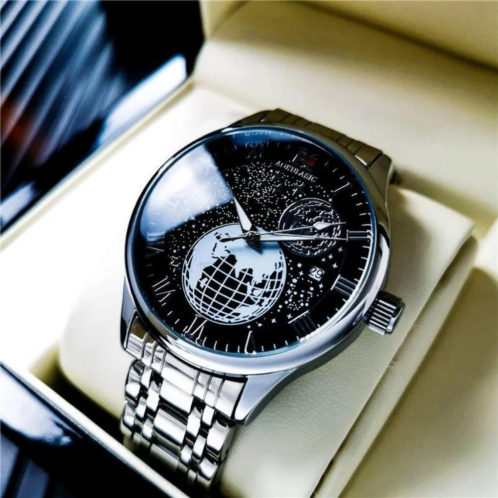 European and American Style High-End Business Men's Mechanical Watch, Round Dial, Hollow Design, Stainless Steel Strap, with Calendar Display, Fashionable Accessory, Suitable for Casual Wear and Outdoor Activities