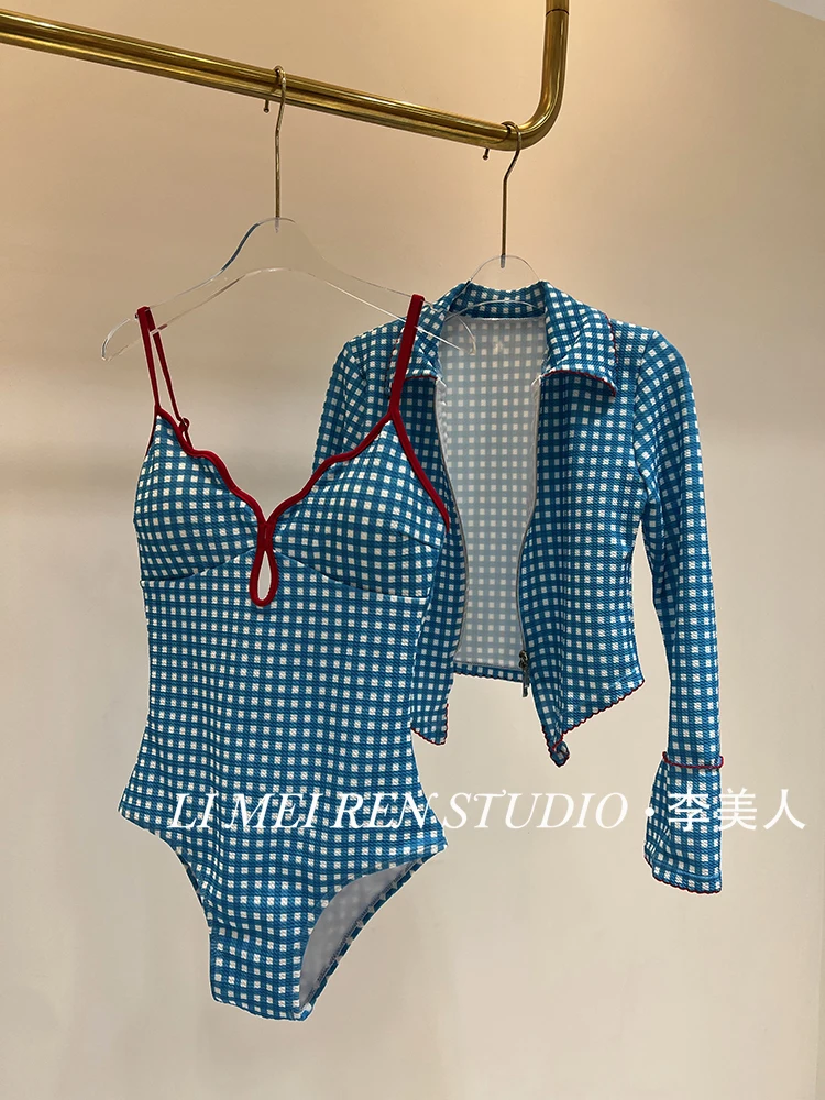 

Новый модный универсальный жилет-бретелька, цельный купальник в синюю клетку, высококачественный женский купальник