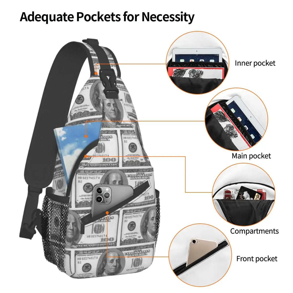 Bandolera de 100 "Dollar Bill USA", bolso de pecho, mochila de hombro con patrón de dinero, mochila de día para senderismo y ciclismo al aire libre