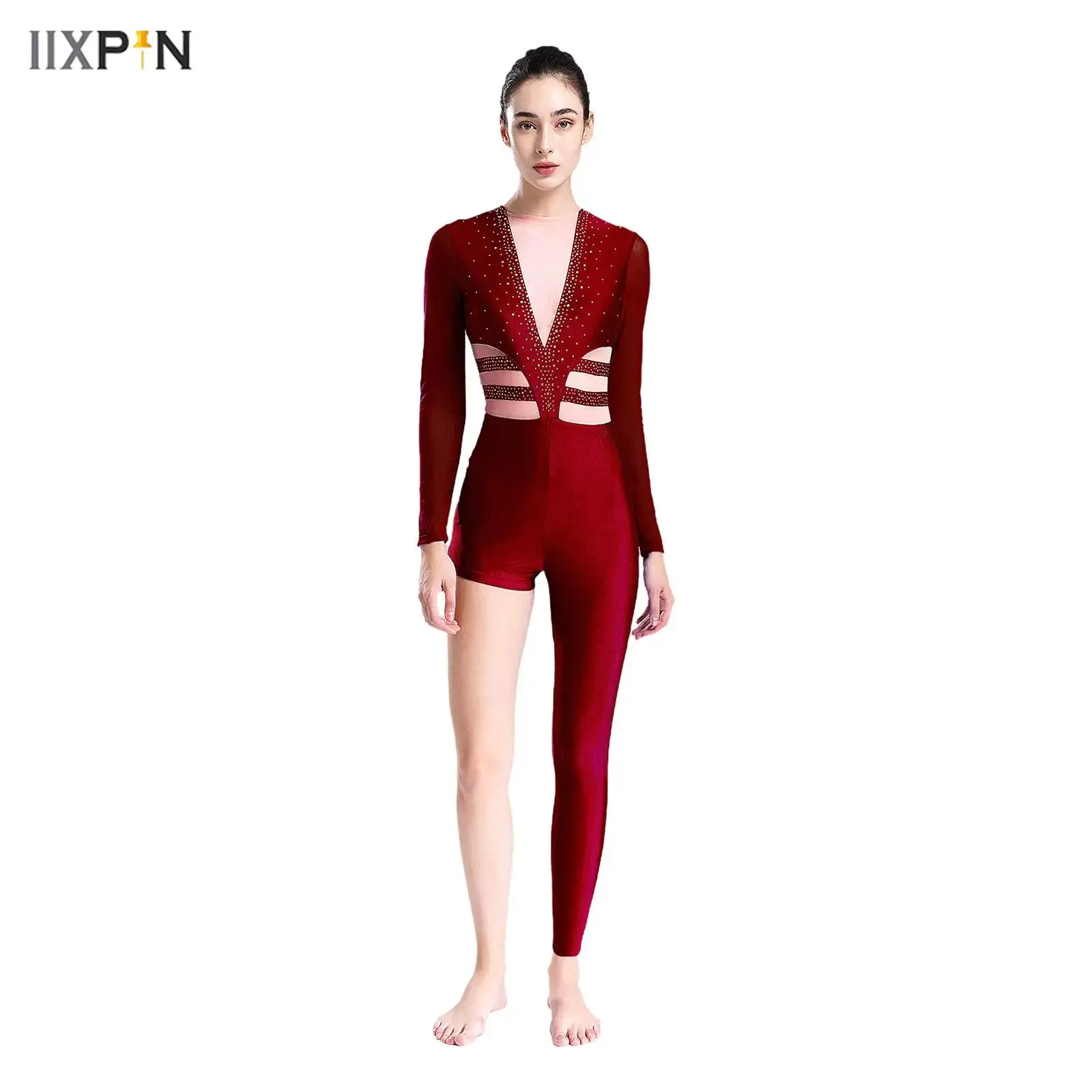 

Women Unique Asymmetrical Gymnastics Jumpsuit Sheer Mesh Long Sleeve Shiny Rhinestones Unitard Bodysuit Ballet Skating Dancewear