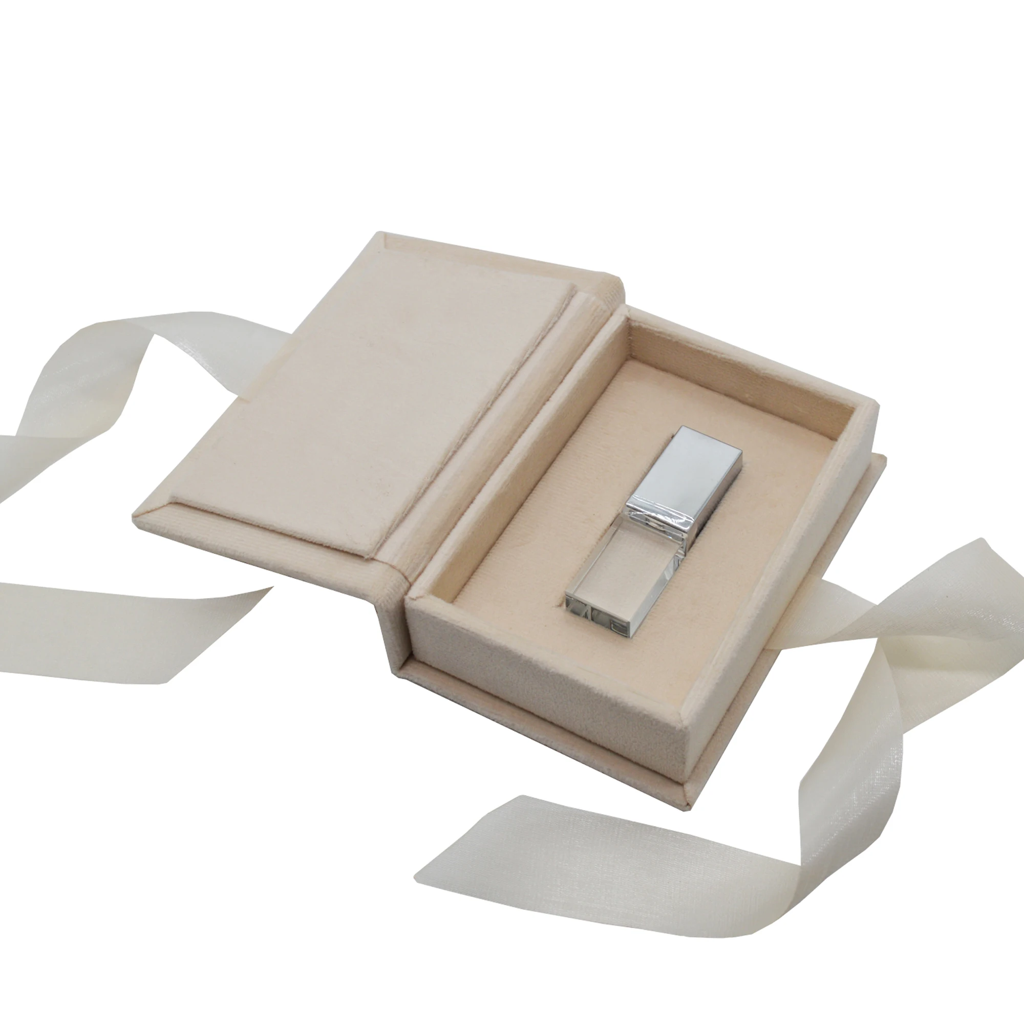 

Professional Wedding Photography USB Box, Cream Velvet Storage Case with Custom Logo, Elegant Display Box with Ribbon