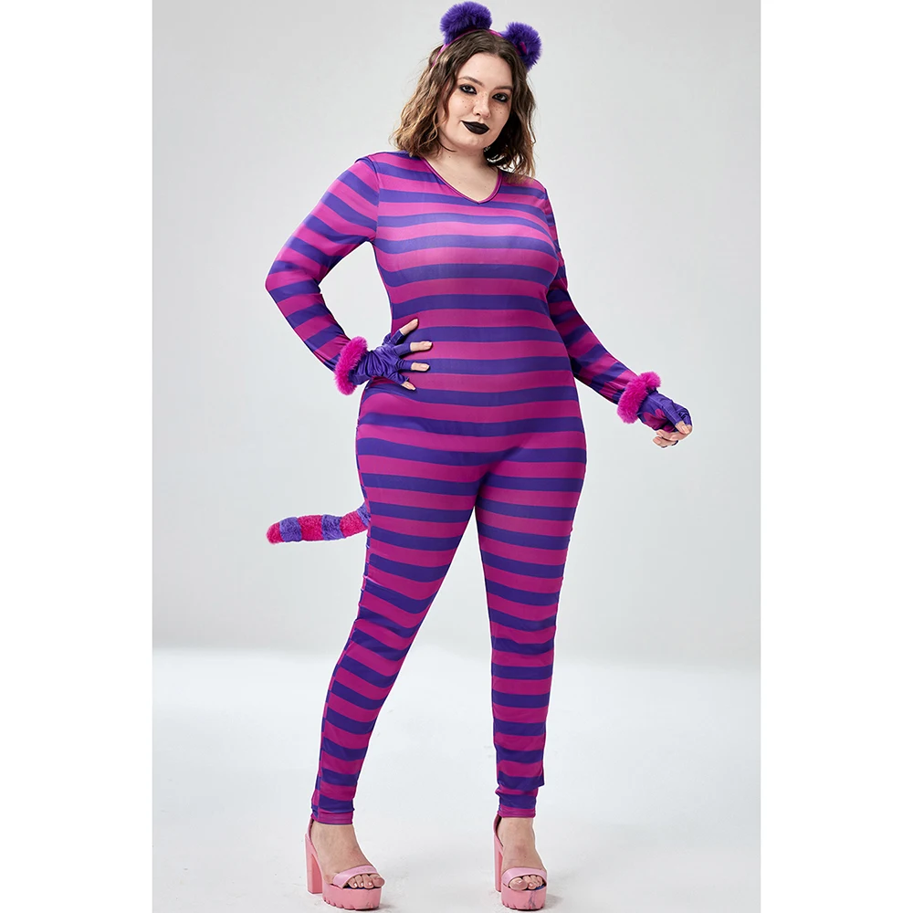 

Plus Size Halloween Costume Purple Long Sleeve Stripe Cosplay Kitten Knitted Jumpsuit (With Headwear And Gloves)