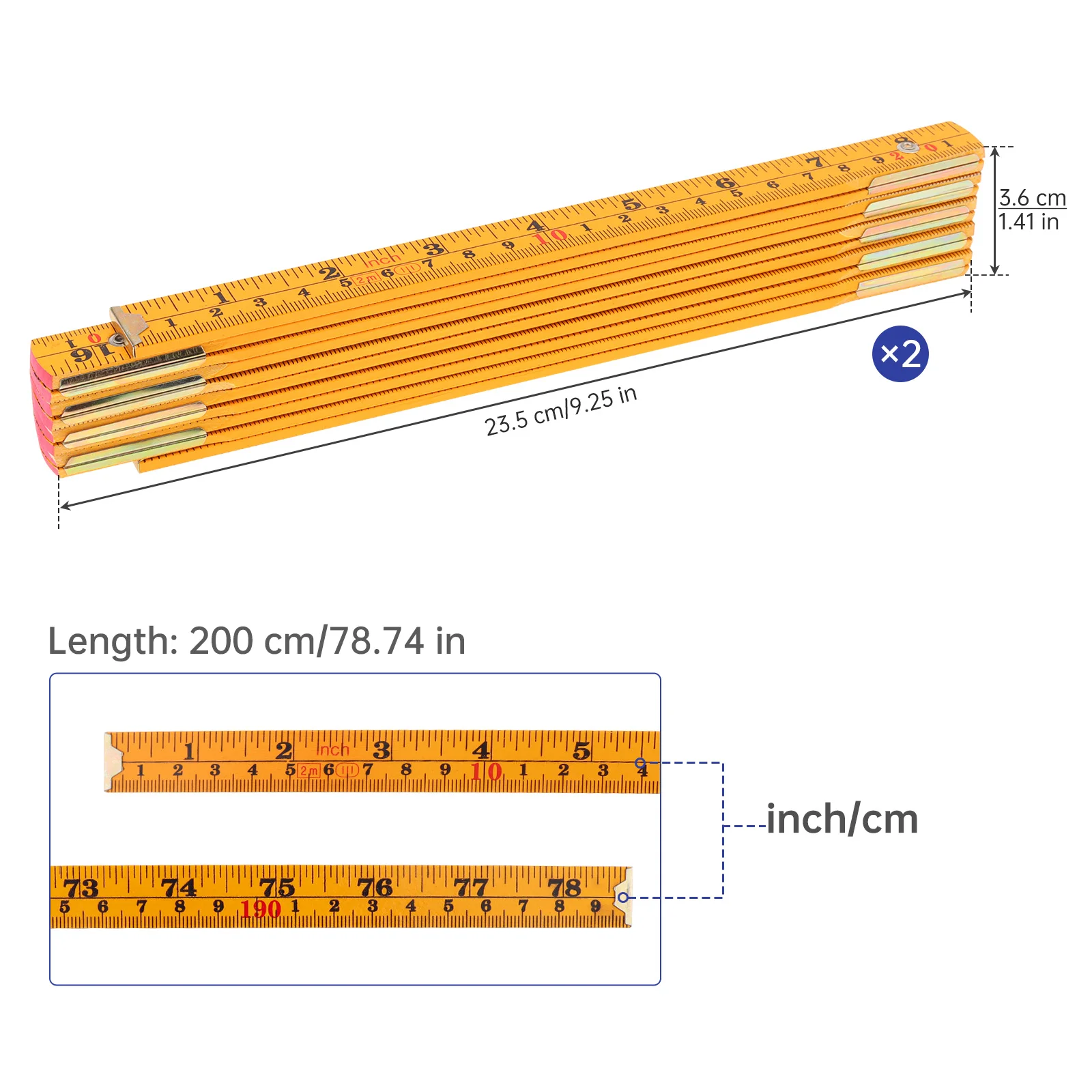 2 pcs 2 m / 78 in Metric & Imperial Dual Scale Orange Folding Rulers for Drawing / Woodworking / DIY Craft Projects,