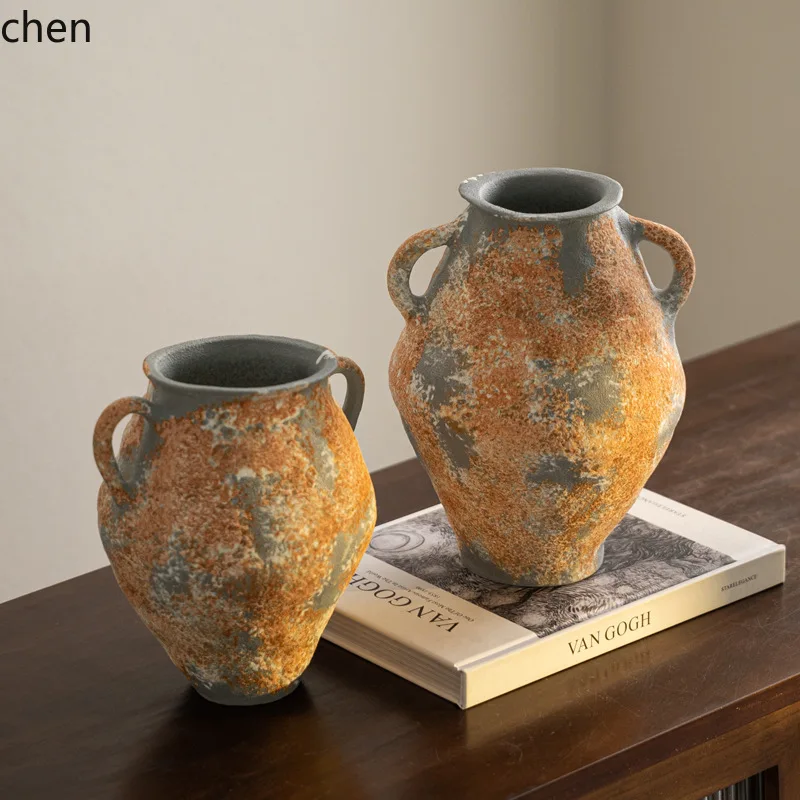 CZ Vintage Distressed Ceramic Decor Double-Eared Vase Ornament Rust Water Cultivation Flower Pot