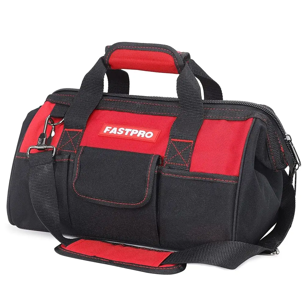 

14-Inch Zip-Top Wide Mouth Open Storage Tool Bag, Classic Black&Red Design, Fashionable Design, 600D Polyester Fabric Material