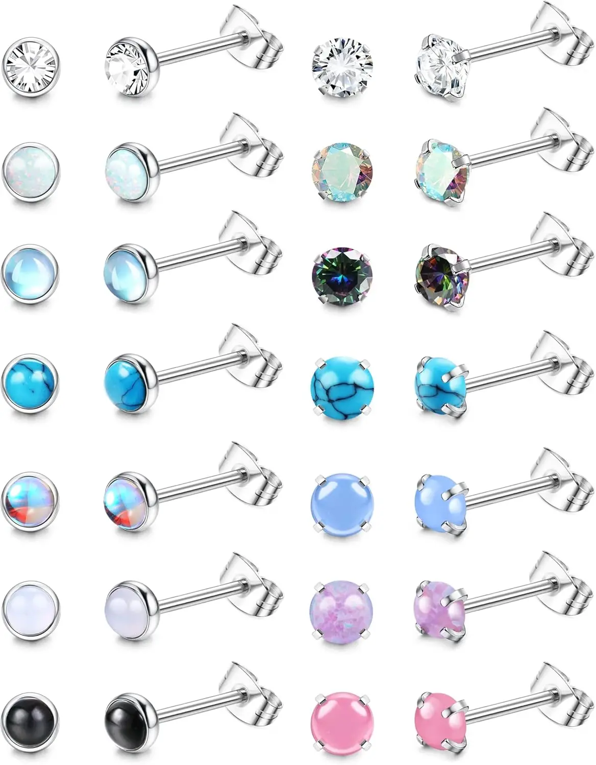 14 Pairs Hypoallergenic Surgical Steel Earrings for Women Men Small Stud Earrings CZ Opal Moonstone