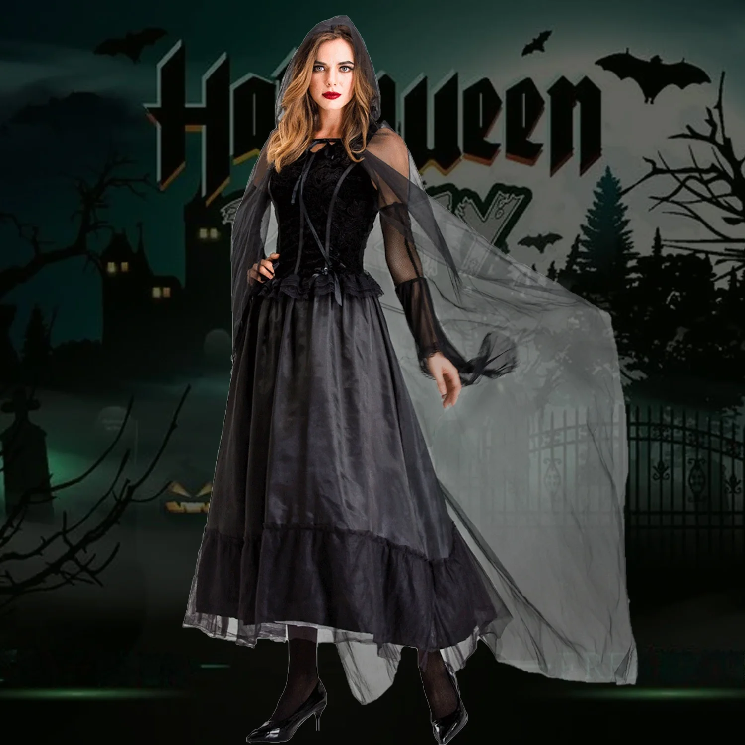 تنورة سوداء طويلة أزياء تنكرية لجميع القديسين الموت العروس الساحرة أداء المرحلة الزي النسائي التقليدي العرقي...