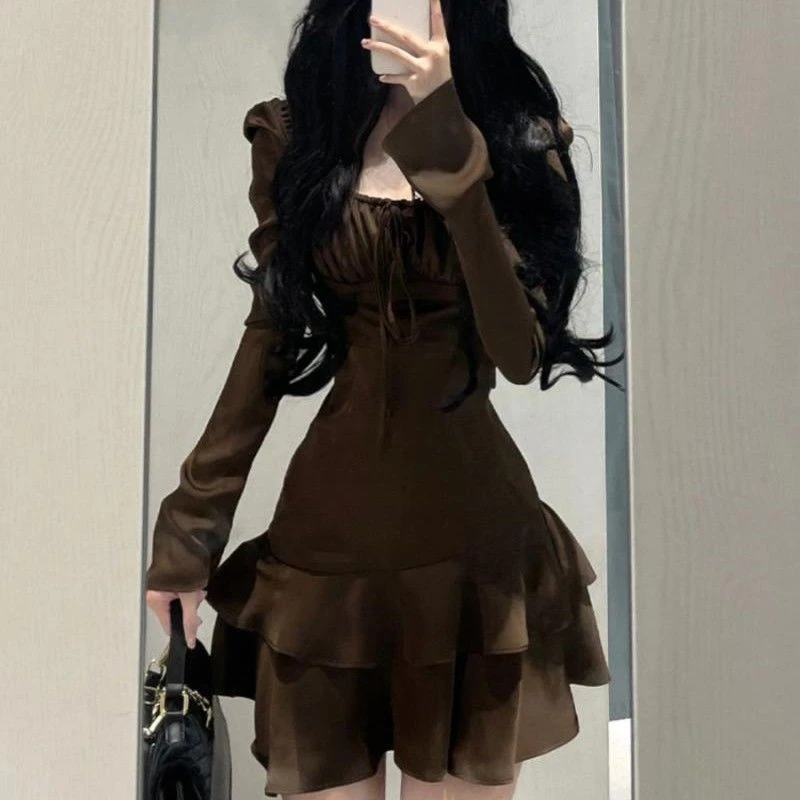 Elegant Fashion Square Collar Dresses Y2k E-Girl Slim Waist Ruffles Dress for Women 2024 New Long Sleeve Vestidos Mujer