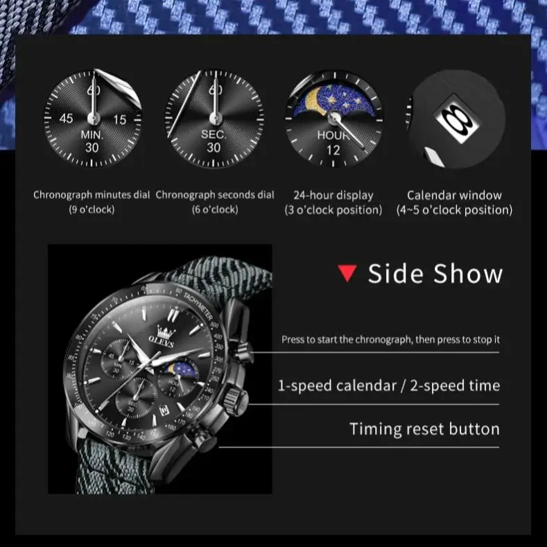Olevs 3630 moda masculina relógio de quartzo original pulseira de tecido de náilon fase da lua à prova dwaterproof água cronógrafo calendário esportes relógio masculino