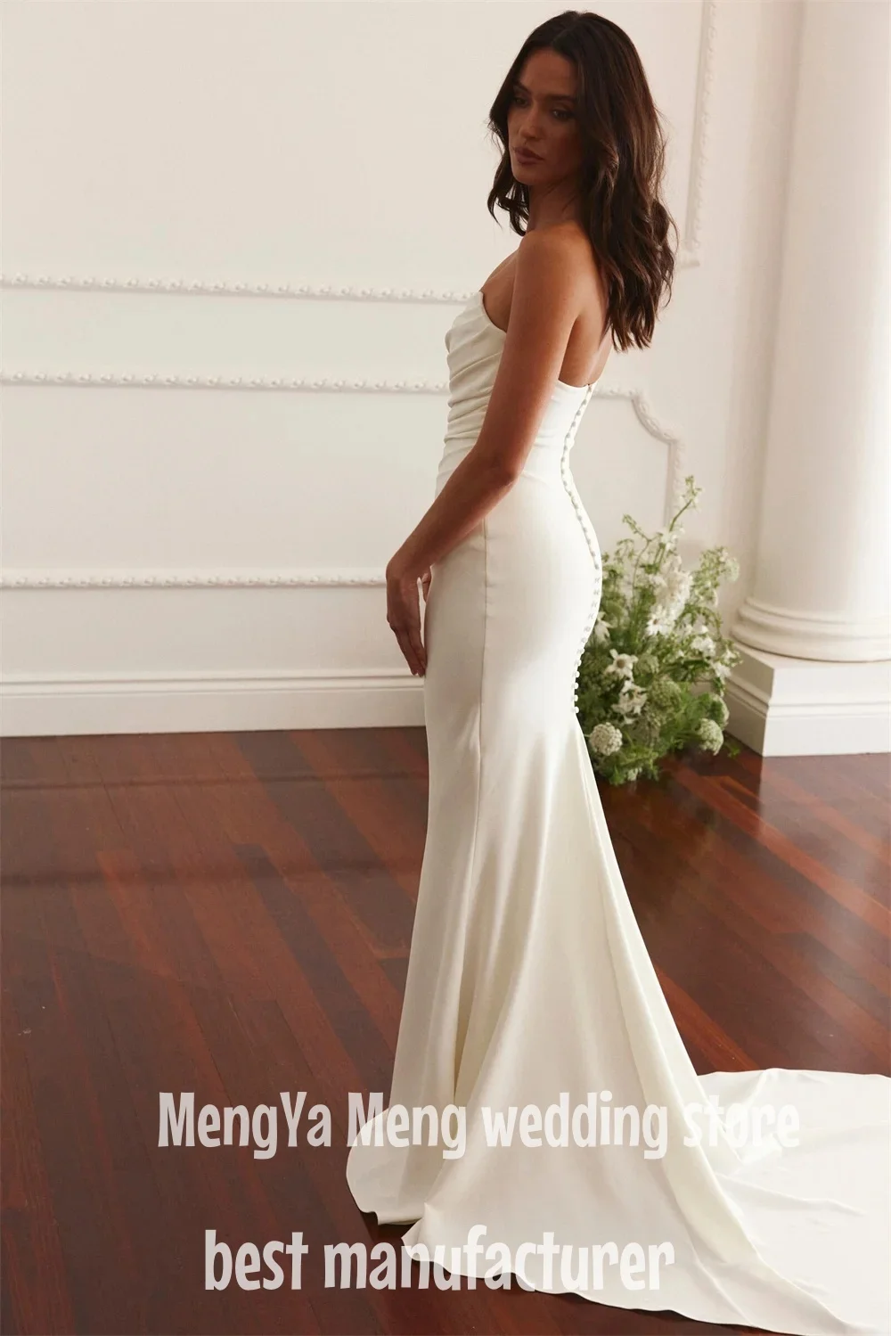 ZHUISHU White Straples Mermaid Long Train Wedding Dress Simple Pleated Sleeveles vestidos de novia Button Back Customized Formal