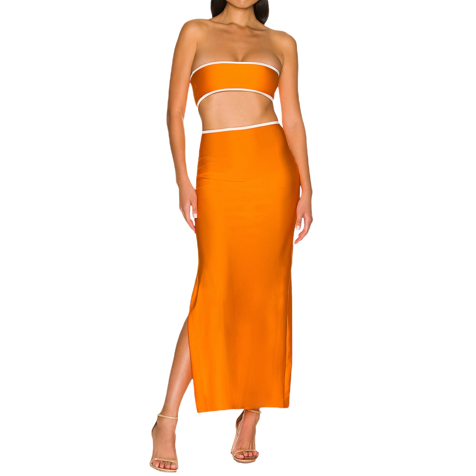 Fashion Women’s Casual Tube Tops Hollow Out Dress Fashion Gradient/Solid Color Off-shoulder Skinny Slit Long Dress