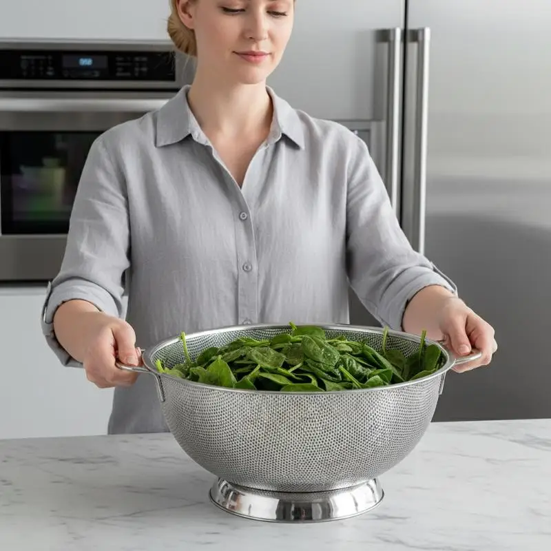 Stainless Steel Colander With Double Handle Food Pasta Strainer Basket With Self-draining Solid Ring Base Fine Mesh Filter
