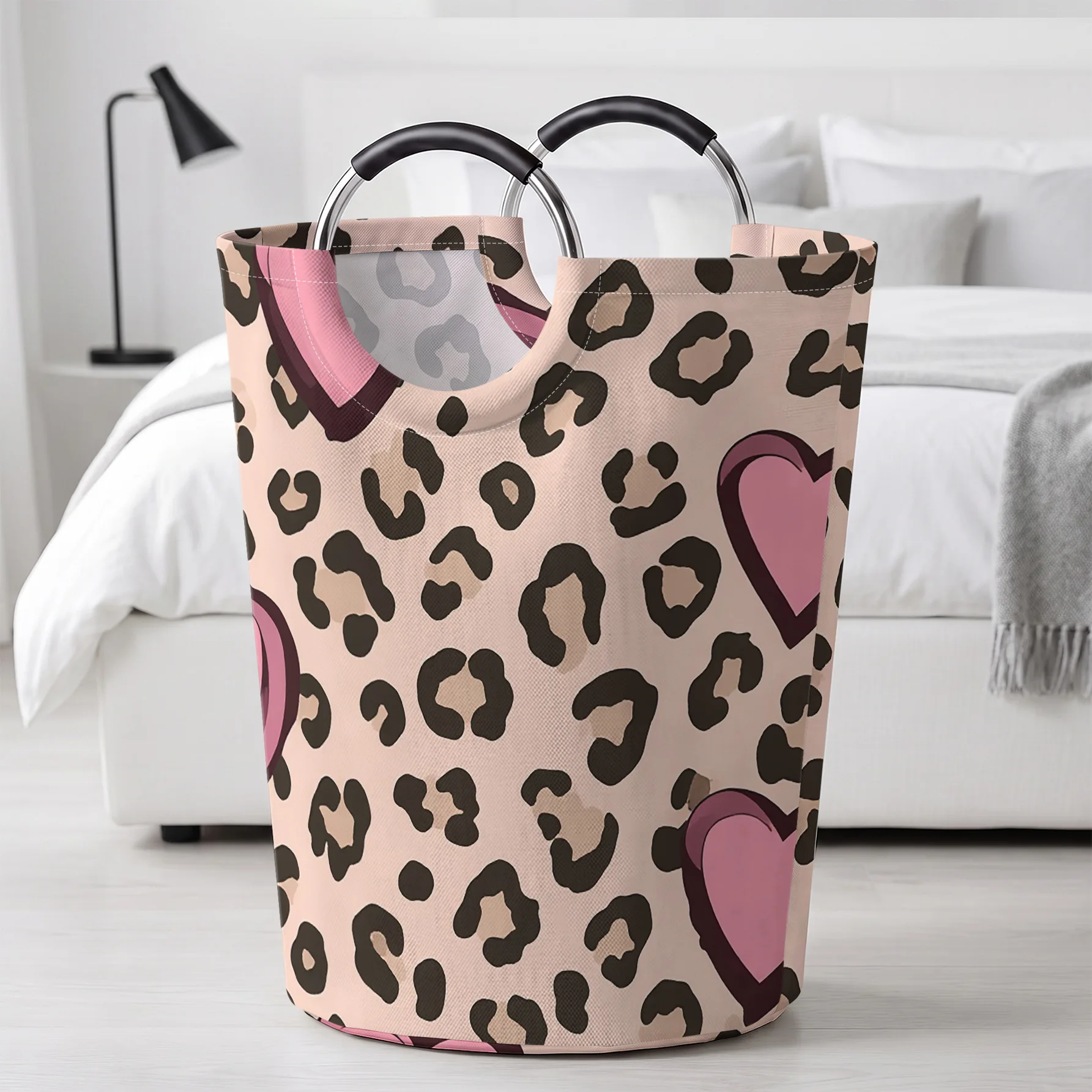 Leopard Print With Pink Hearts Handheld Storage Basket, For Laundry, Bedroom & Home Sundries Storage