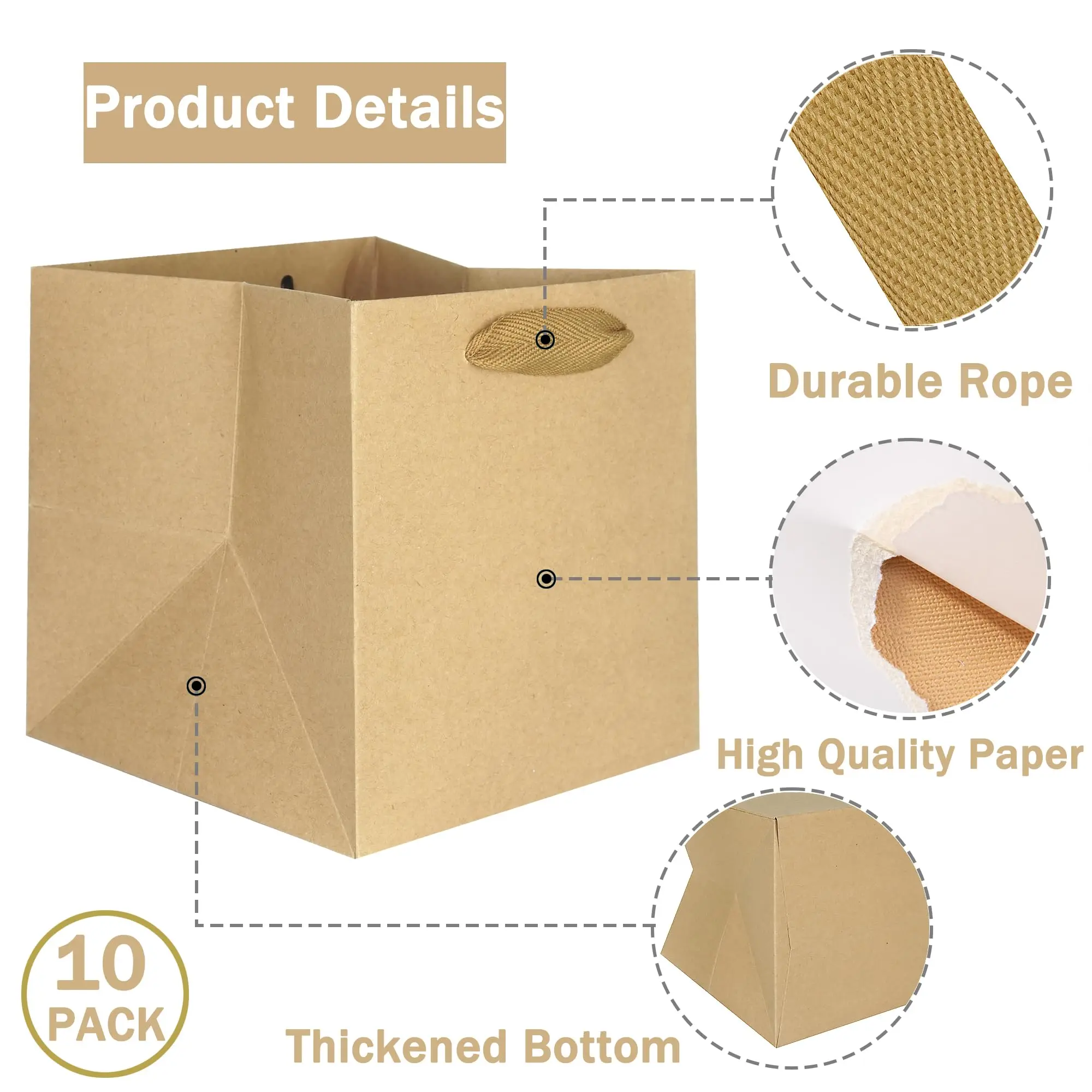 10Pcs Kraft Paper Gift Bag with Handles Square Flower Cake Takeaway Packaging Bags for Small Business Wedding  Birthday Party