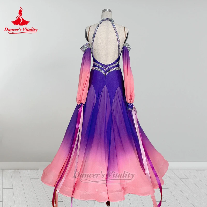 Erwachsene Foxtrot Rumba Walzer Hochgeschlossener Tau-Schulter Lila-Rosa Farbverlauf Perform anmutige Kleider Benutzerdefinierte Tänzerin Vitalität