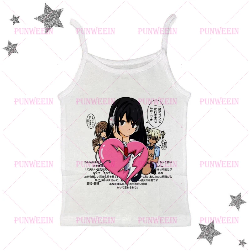 애니메이션 일본 귀여운 소녀 90년대 Y2K 스플라이스드 숄더 슬리브 슬림 탑 하라주쿠 크롭 탑 빈티지 만화 펑크 베이비 티셔츠 스트리트웨어