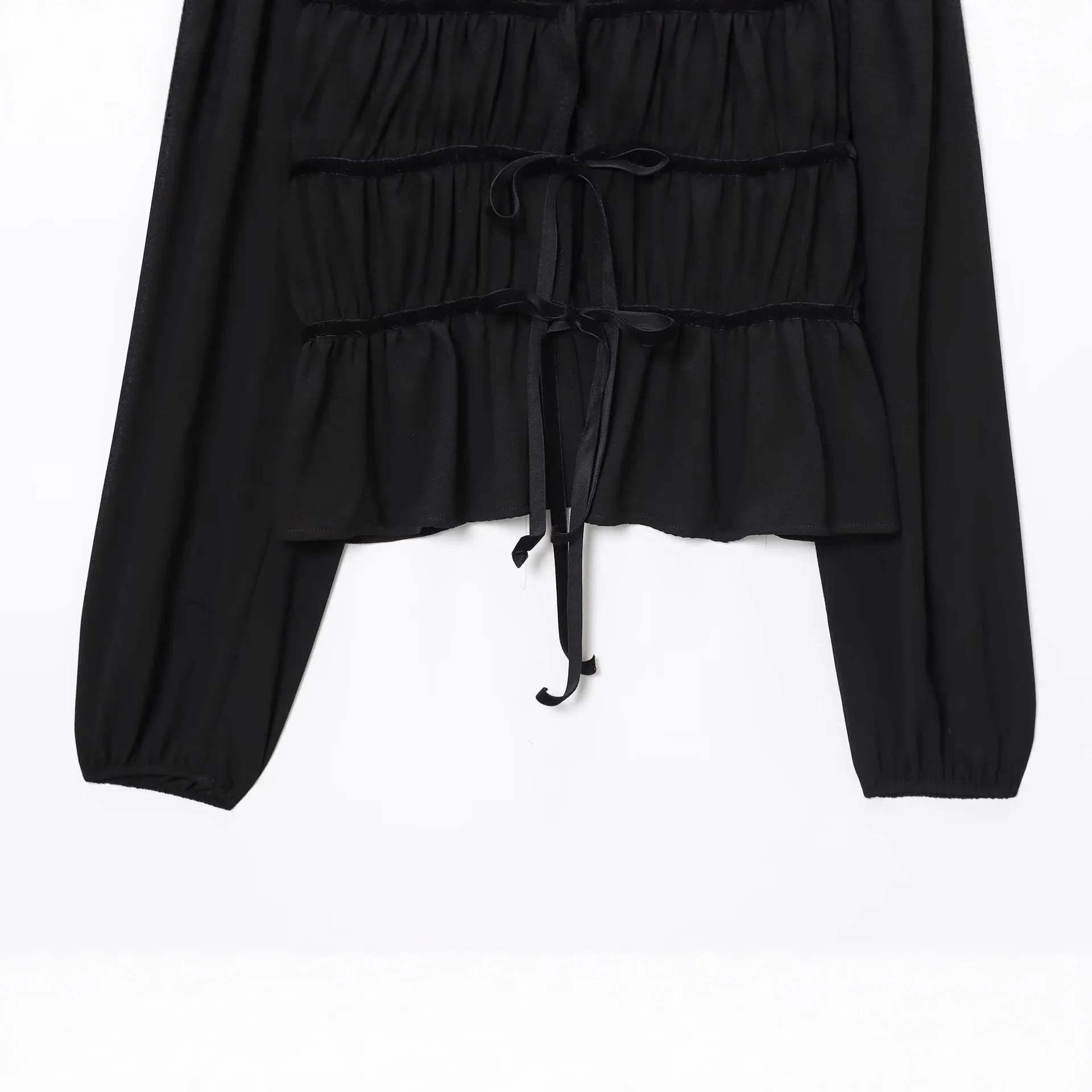 Women's Black Long-Sleeve Shirt Autumn Winter Fashion Versatile Sexy Casual Bow Top Tie Detail Ruffled Drawstring Chiffon Blouse