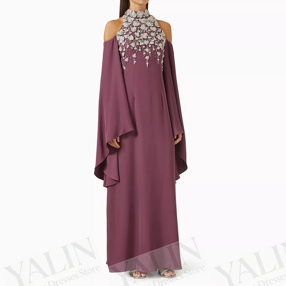 

Women's A-line Evening Dresses Ankle-length High-neck Full Sleeve Prom Gown Fashion Flowers Simple Draped Customized Gowns