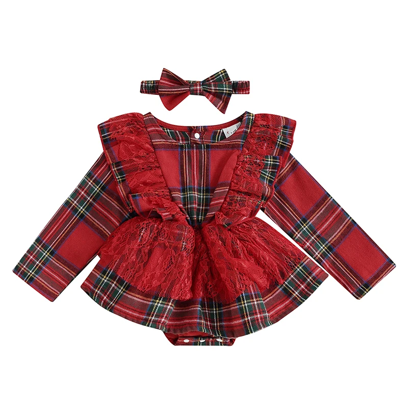 

Baby Girls Rompers Dress Christmas Clothes Plaid Lace Ruffles Crew Neck Long Sleeve Toddler Bodysuits with Headband